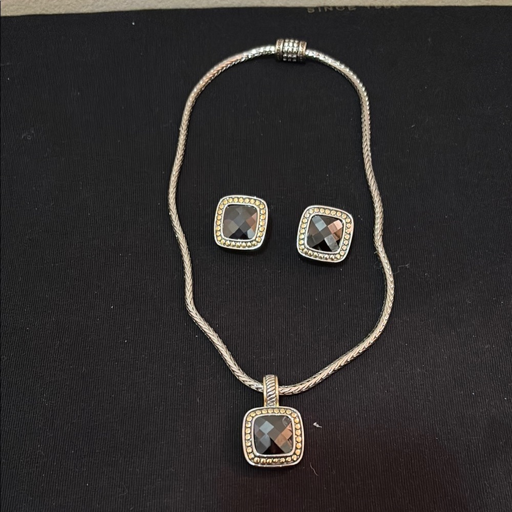 Elegant Silver/Gold Black Quartz Necklace and Earrings Set